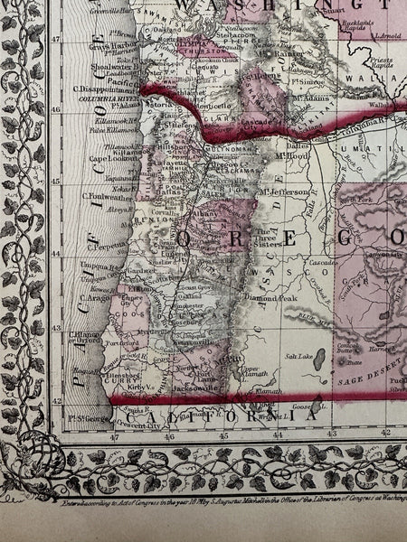 Oregon Washington Idaho Montana 1874 Mitchell hand colored nice map