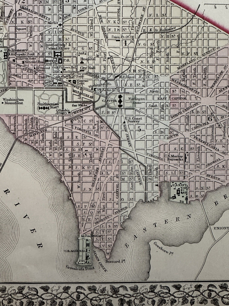 Washington D.C. city plan 1874 Mitchell hand colored nice map