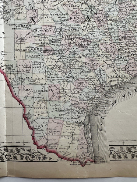 Texas w/Galveston city plan inset 1874 Mitchell decorative hand colored nice map