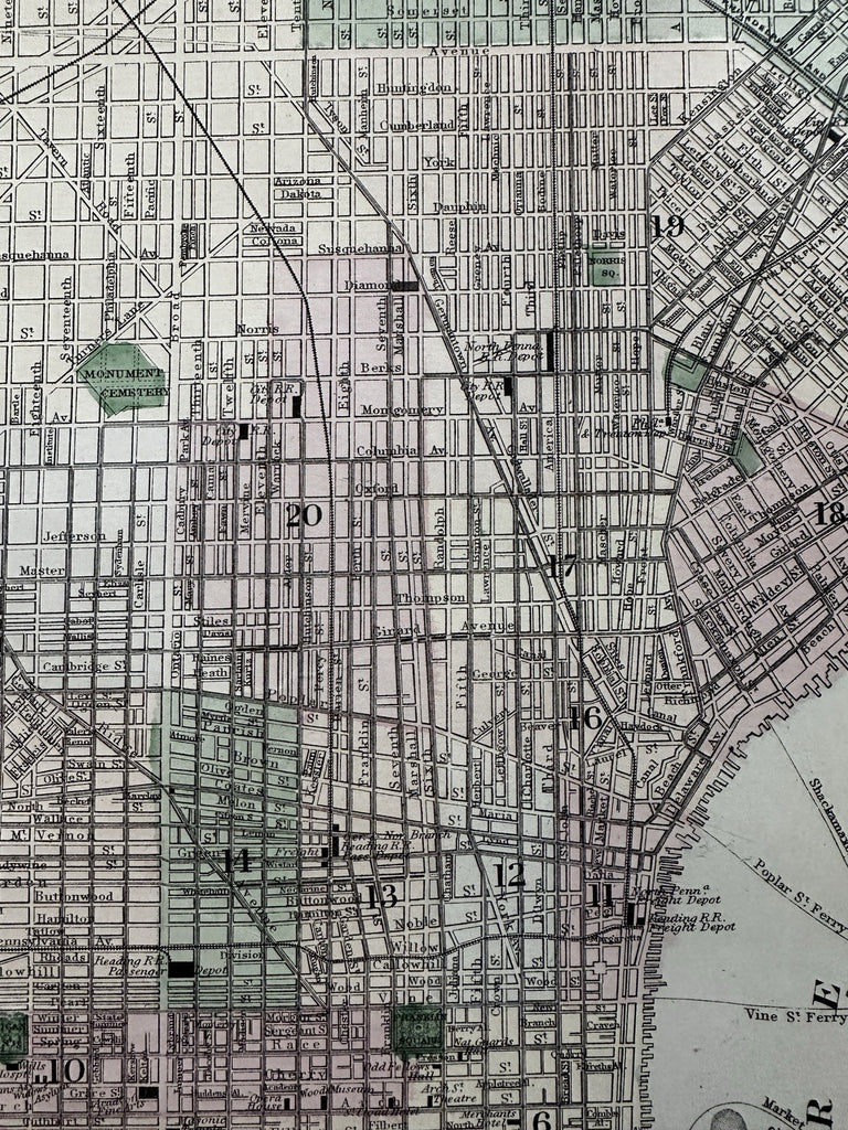 Philadelphia city plan 1874 Mitchell large decorative hand colored nice map