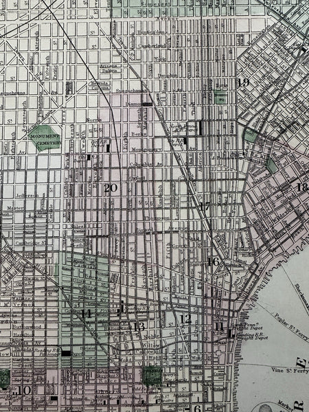 Philadelphia city plan 1874 Mitchell large decorative hand colored nice map