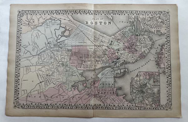 Boston Mass. city plan 1874 Mitchell large decorative hand colored nice map