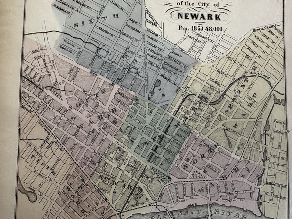 Newark New Jersey city plan w/ population 1853 Magnus hand color letter sheet