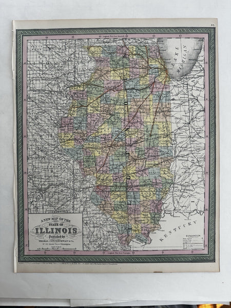Illinois state by itself 1855 Cowperthwait lovely hand colored uncommon map