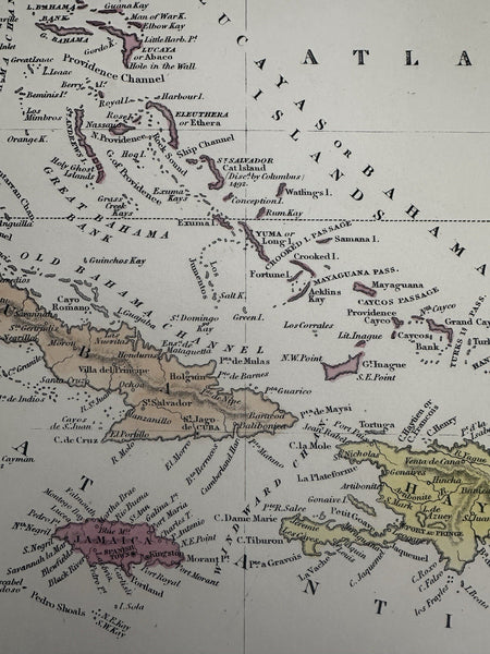 West Indies Caribbean isles 1855 Cowperthwait lovely hand colored decorative map