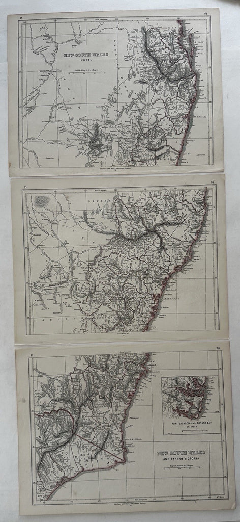 New South Wales Australia NSW  1850 Lowry scarce 3 sheet color map