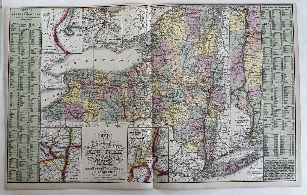 New York state large folio sheet 1855 Cowperthwait fine hand colored map