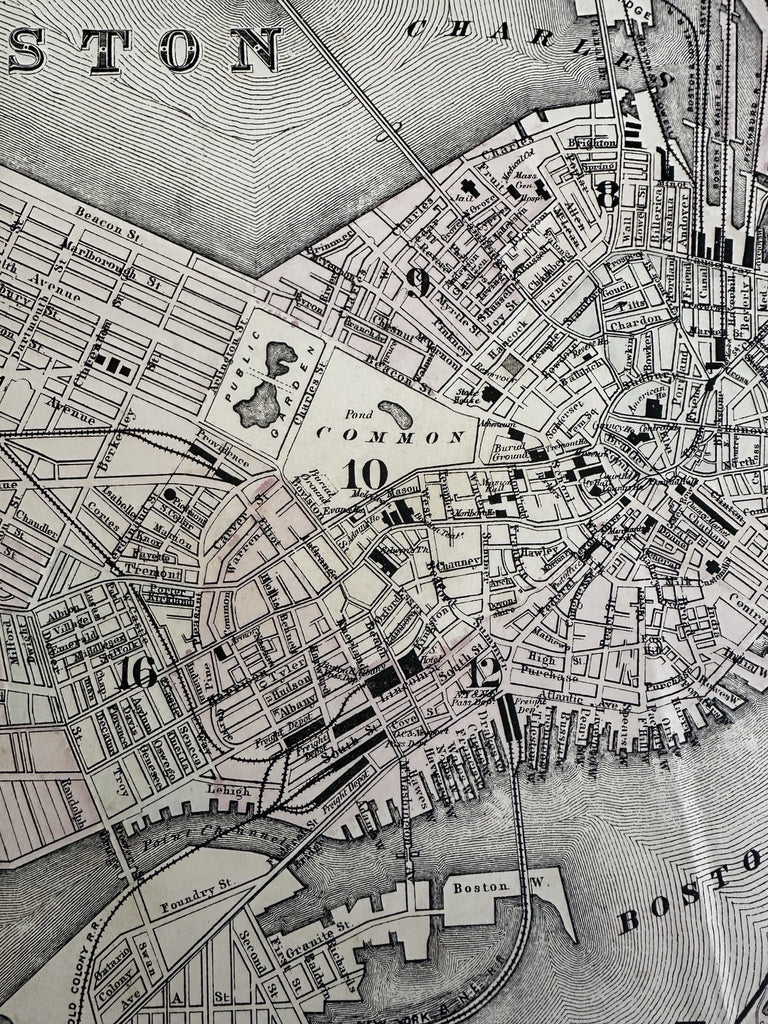 Boston Mass. detailed city plan 1880 Mitchell large decorative hand colored map