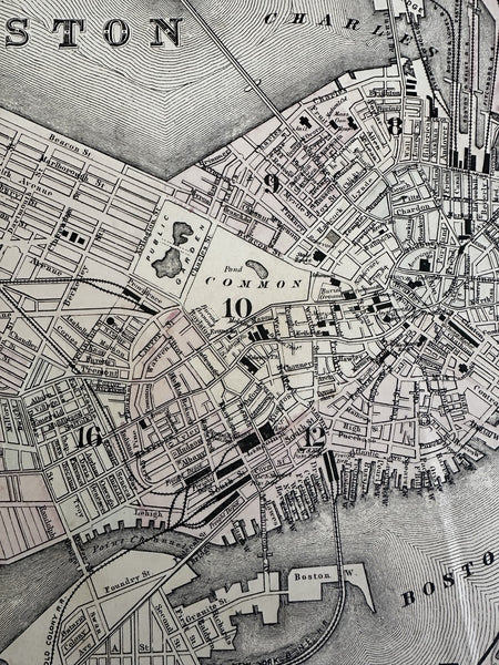 Boston Mass. detailed city plan 1880 Mitchell large decorative hand colored map