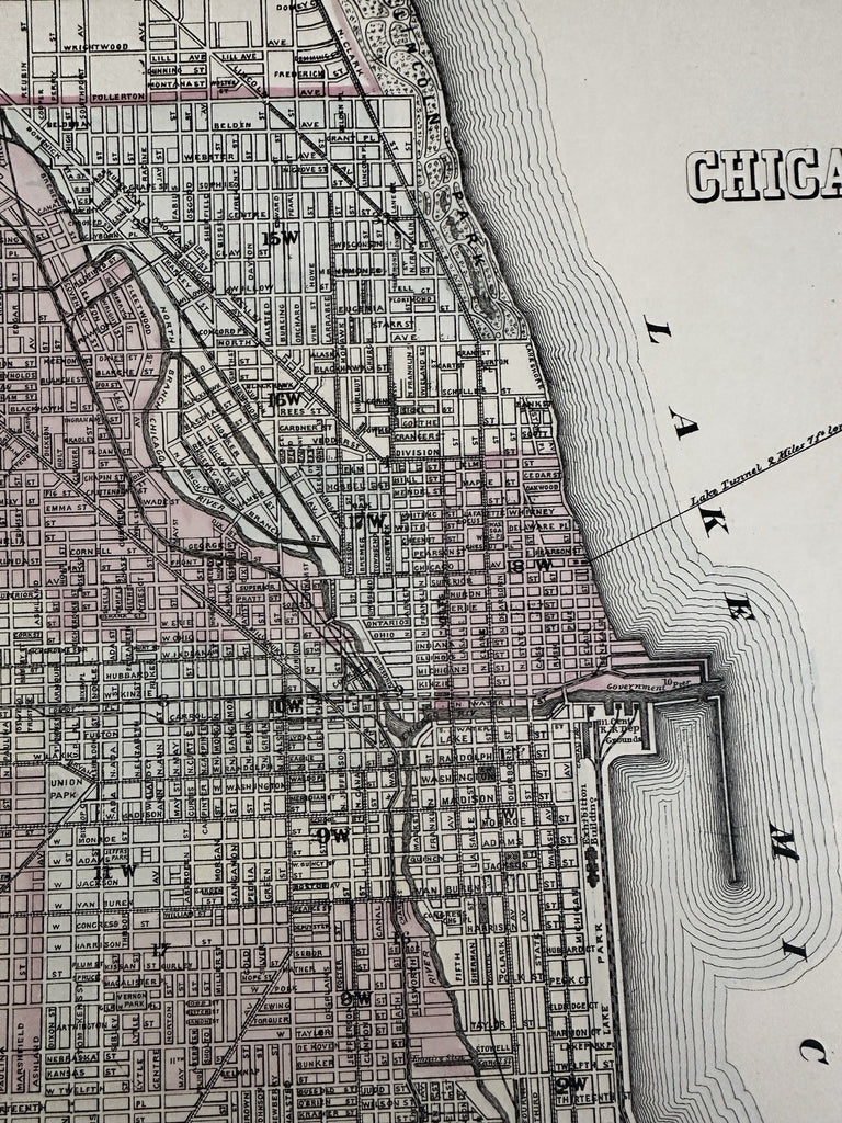Chicago fine scarce detailed city plan 1880 Mitchell decorative hand colored map