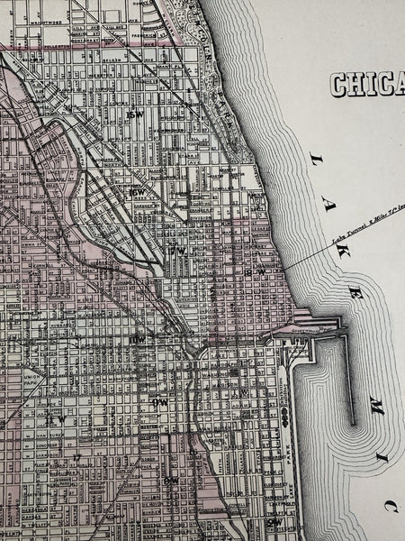 Chicago fine scarce detailed city plan 1880 Mitchell decorative hand colored map