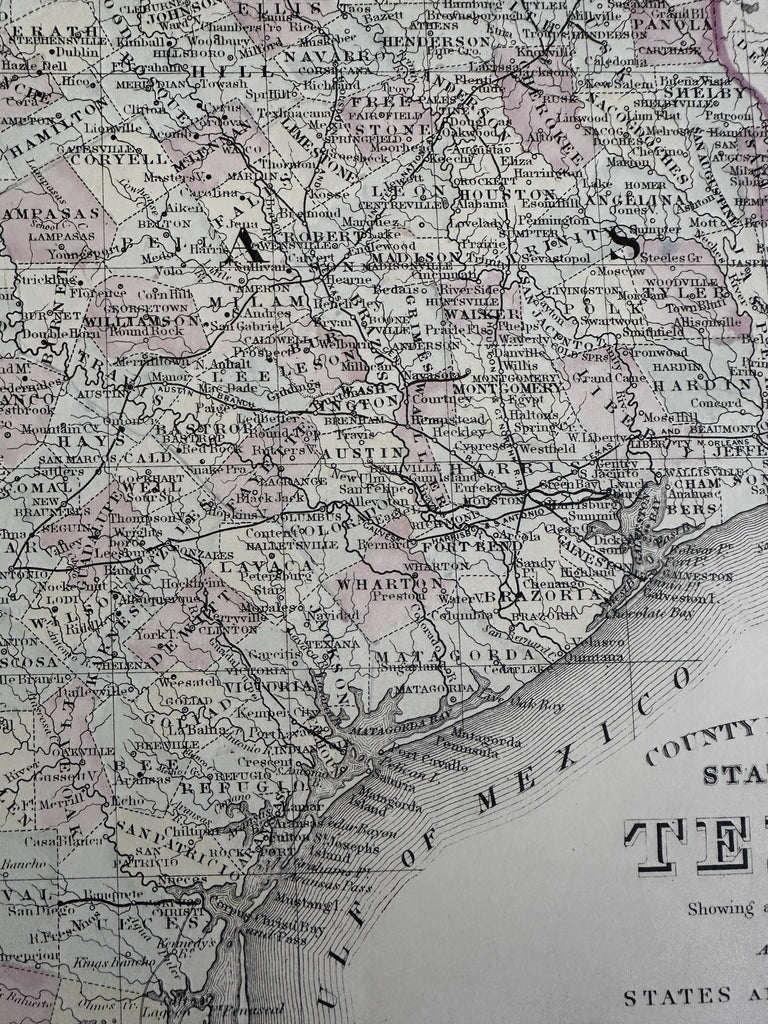 Texas w/Galveston city plan inset 1880 Mitchell fine decorative hand colored map