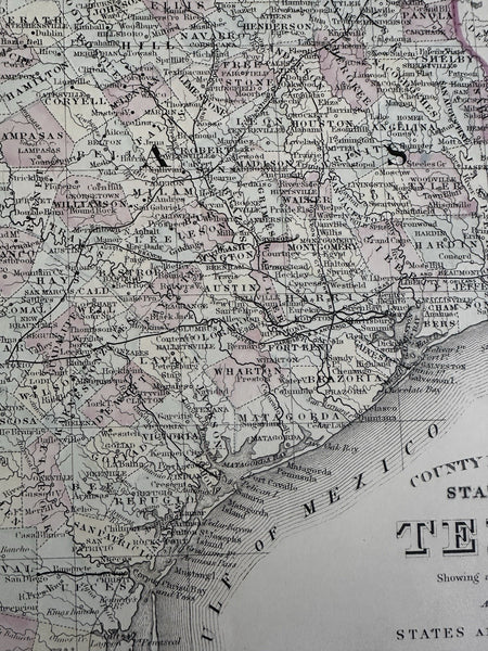 Texas w/Galveston city plan inset 1880 Mitchell fine decorative hand colored map