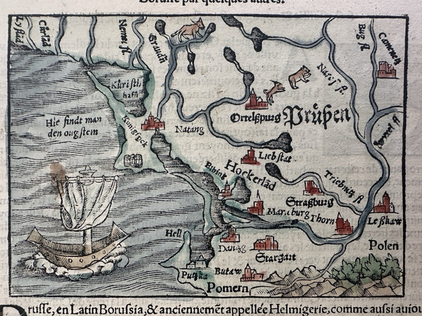 Prussia Germany Baltic Pomerania c.1560-90 Munster Cosmography wood cut map