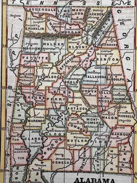 Alabama state 1853 Ensign charming miniature hand colored map giftable