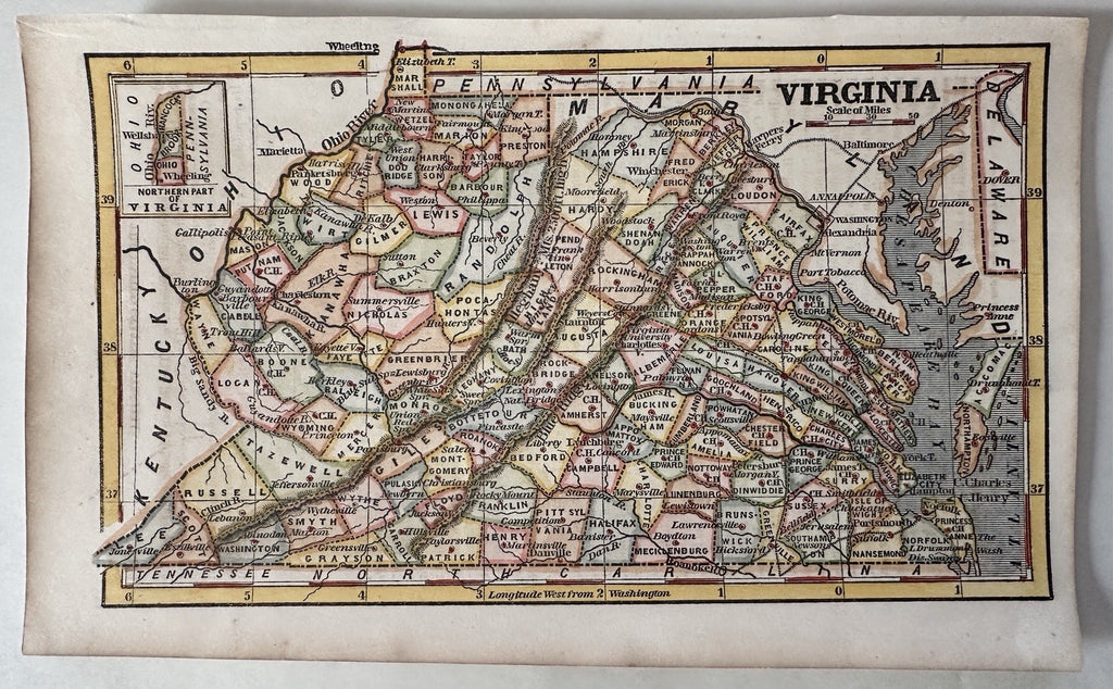 Virginia state 1853 Ensign charming miniature hand colored map giftable