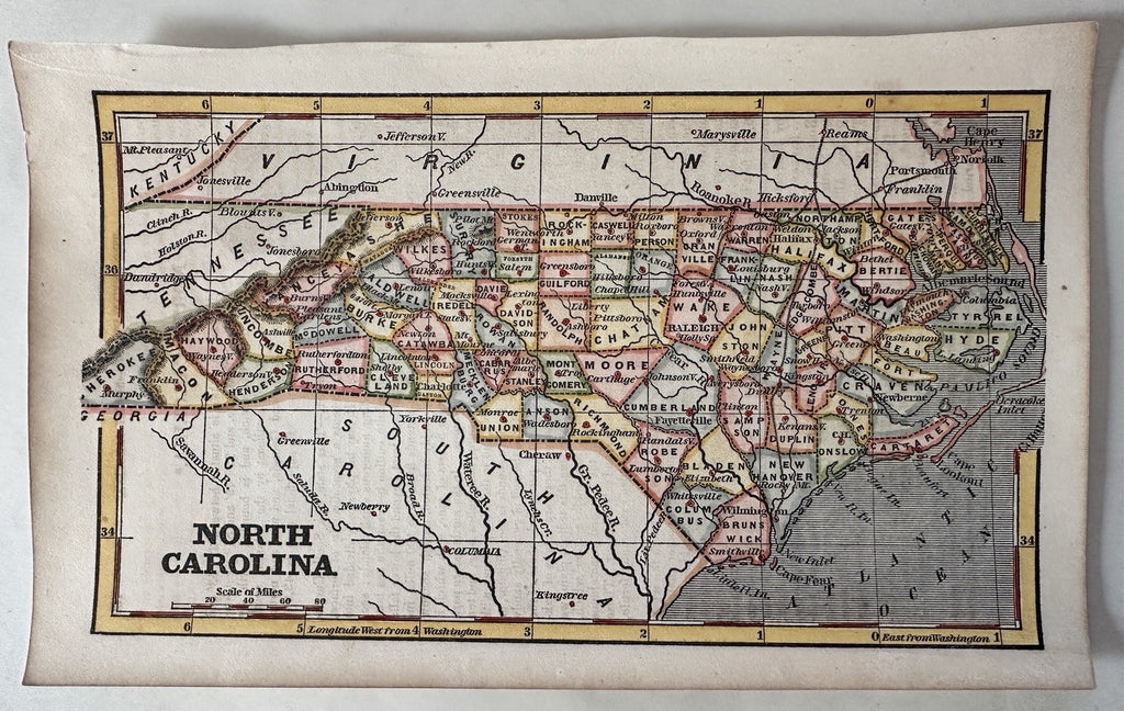 North Carolina state 1853 Ensign charming miniature hand colored map giftable