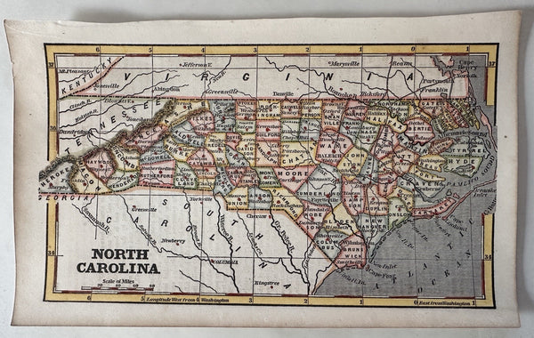 North Carolina state 1853 Ensign charming miniature hand colored map giftable