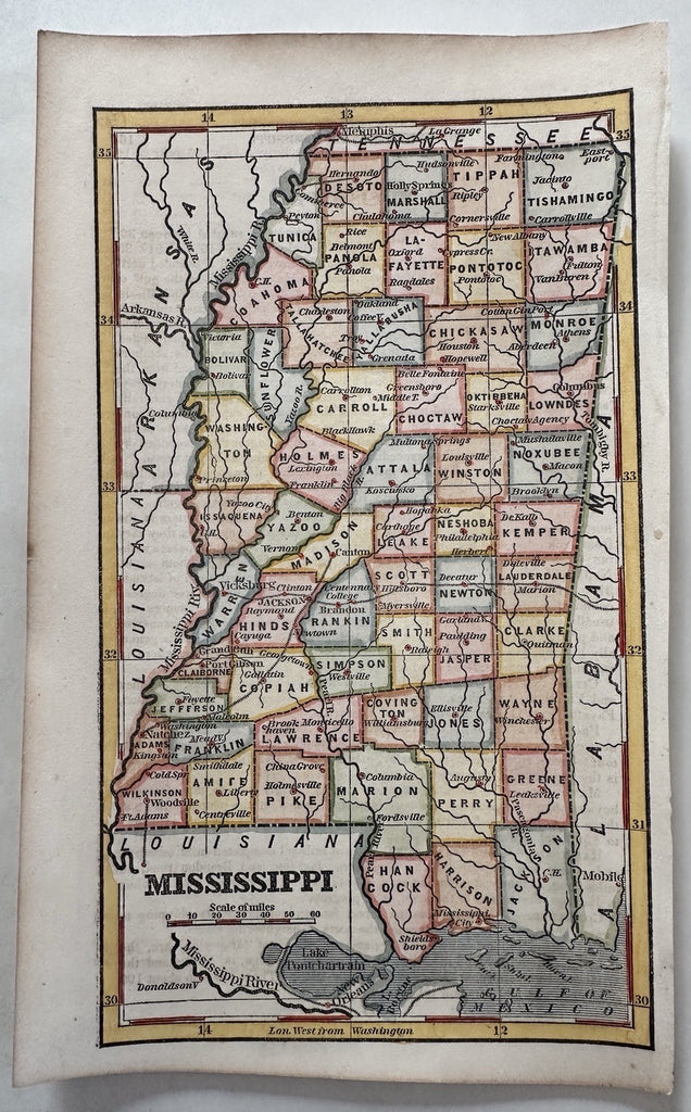 Mississippi state 1853 Ensign charming giftable miniature hand colored map