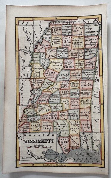 Mississippi state 1853 Ensign charming giftable miniature hand colored map