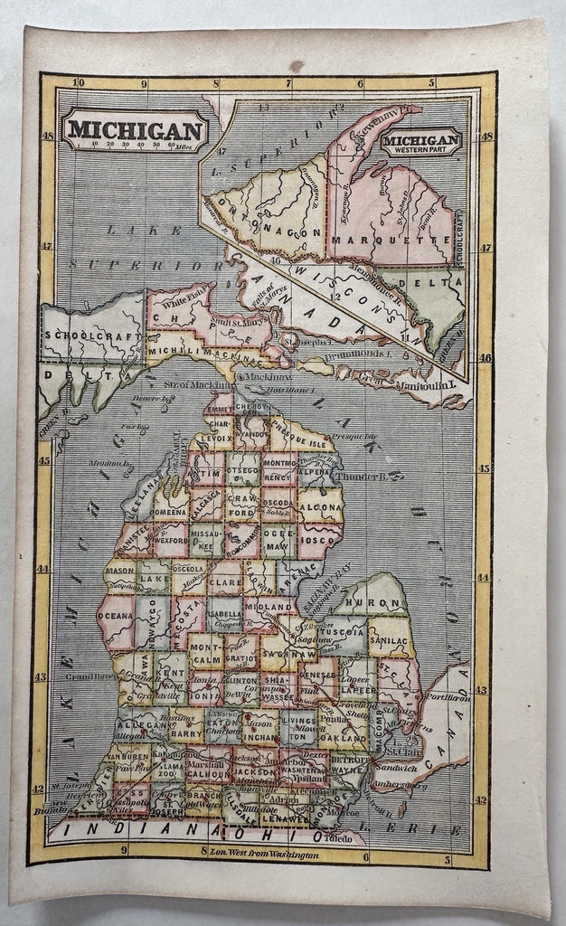 Michigan state 1853 Ensign charming giftable miniature hand colored map