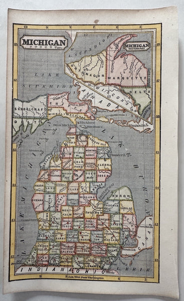 Michigan state 1853 Ensign charming giftable miniature hand colored map