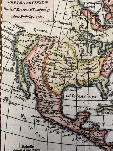 North America Quivera Teguato 1750 Vaugondy engraved hand colored miniature map