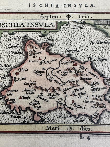 Ischia island Italy coast 1600-20 scarce charming miniature hand color map