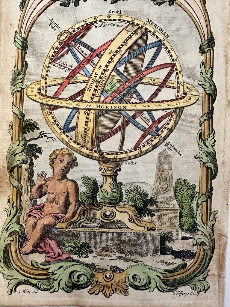 Celestial Armillary Sphere w/ cherub 1756 by T. Jefferys scarce hand color print