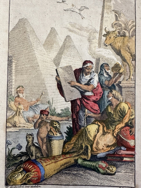 Allegorical title page Egypt pyramids mummy 1754 Lebas scarce hand color print