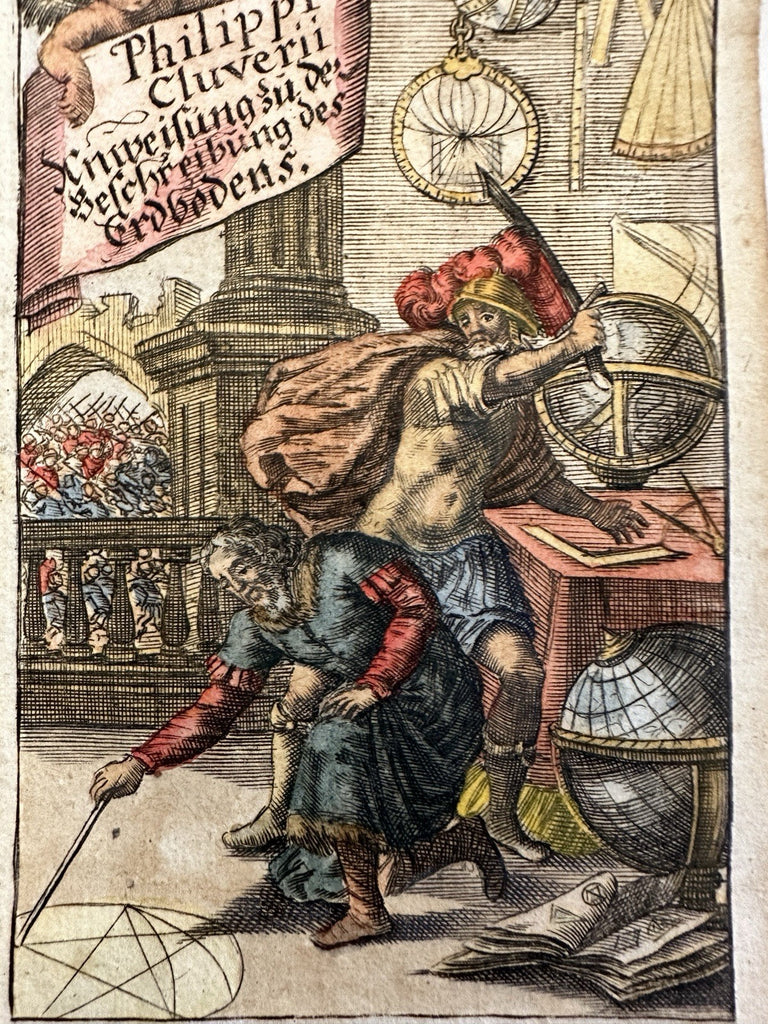 Allegorical geographer scientist survey title page 1683 scarce hand color print