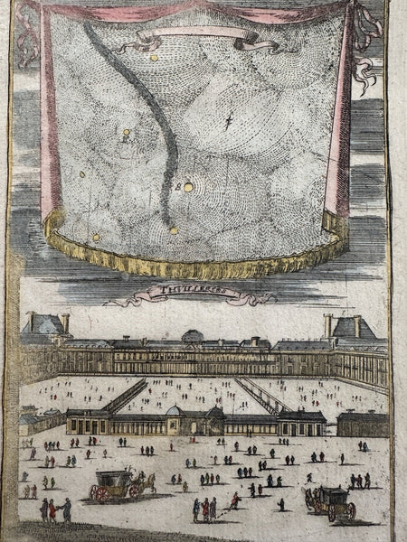 Celestial sky stars planets above Tuileries France 1719 Mallet hand color map