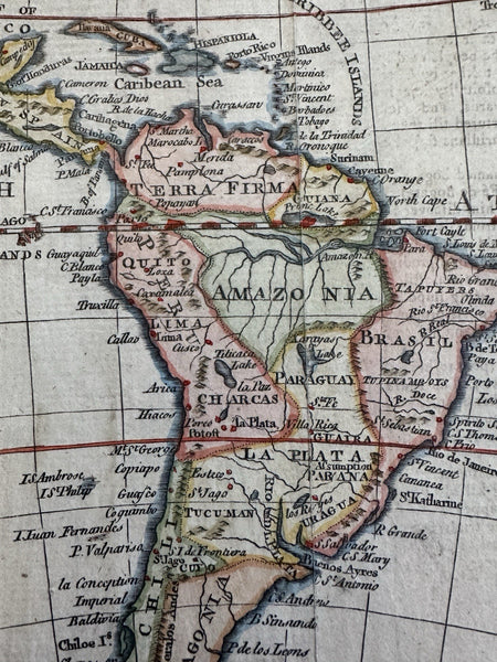 South America 1772 Kitchin decorative cartouche hand colored miniature map