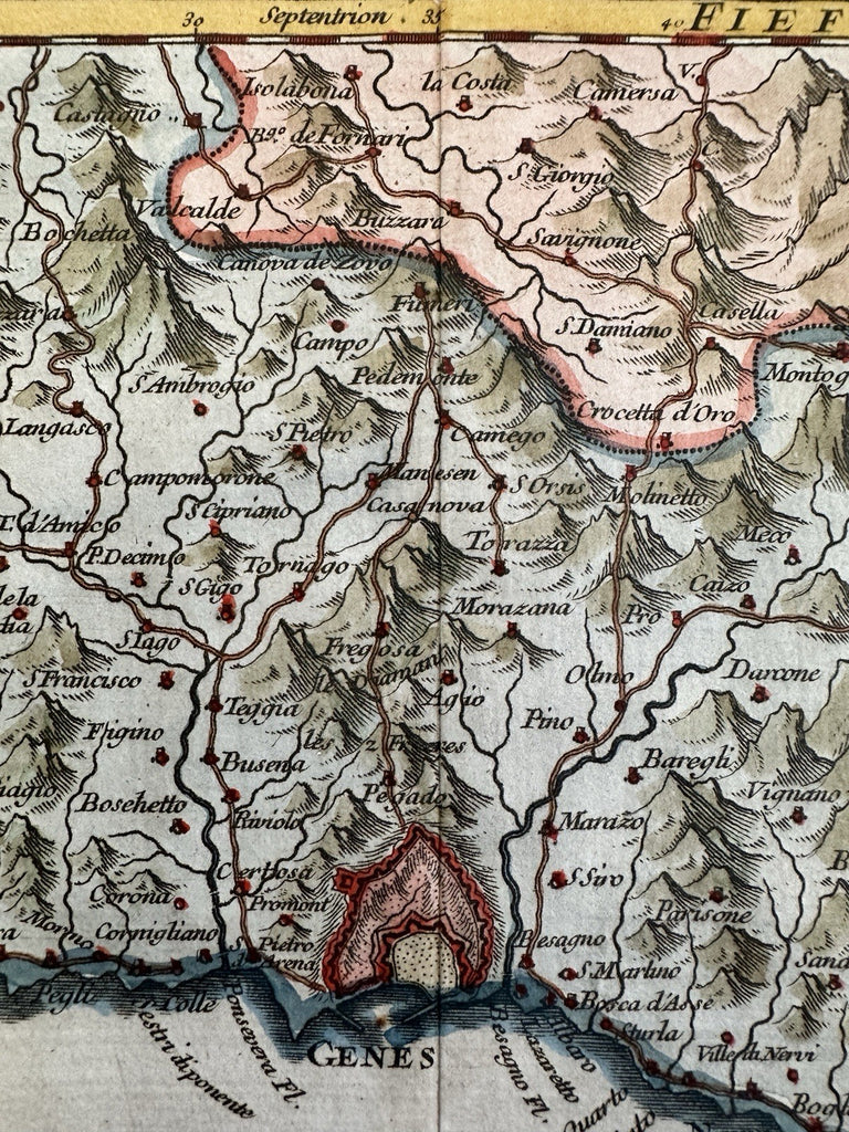 Italy Italia coast Genoa Genes environs 1750 Vaugondy hand colored miniature map