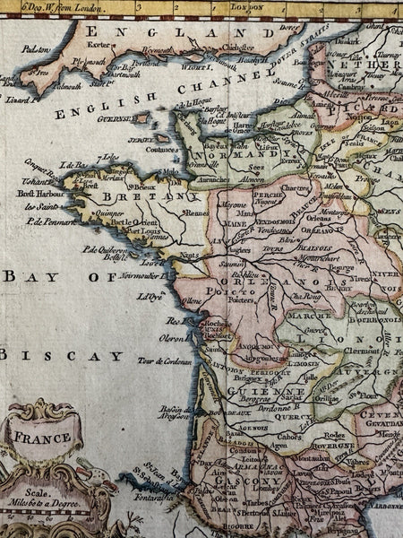 France 1772 Kitchin decorative cartouche hand colored miniature map
