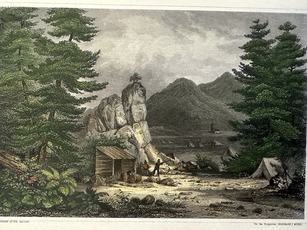 California gold rush men digging Volcano rock c. 1850 Meyer hand color print