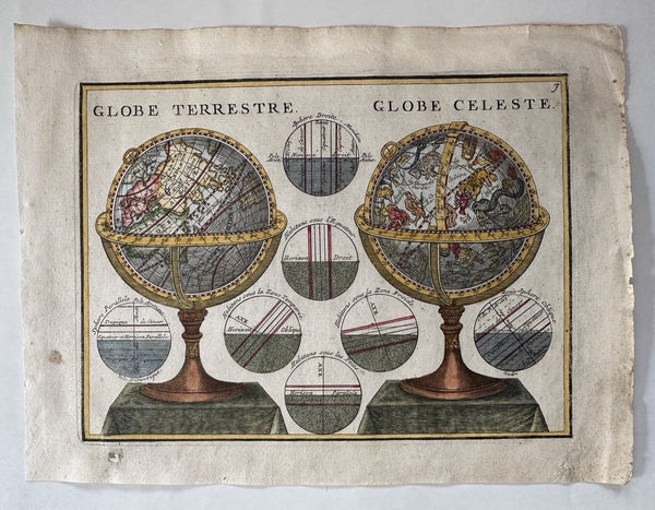 Celestial globes zodiac & earth 1719 Chiquet attractive engraved antique print