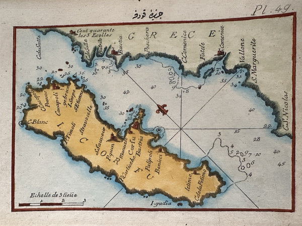 Corfu island Greece 1764 Roux engraved hand color coastal map