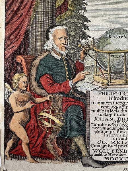 Geographer with cherubs & globe title page 1694 Bunonis scarce hand color print