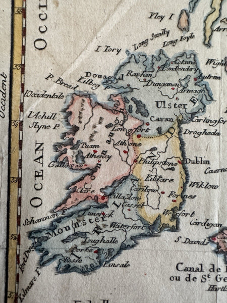 British Isles Ireland England  1750 Vaugondy engraved hand colored miniature map