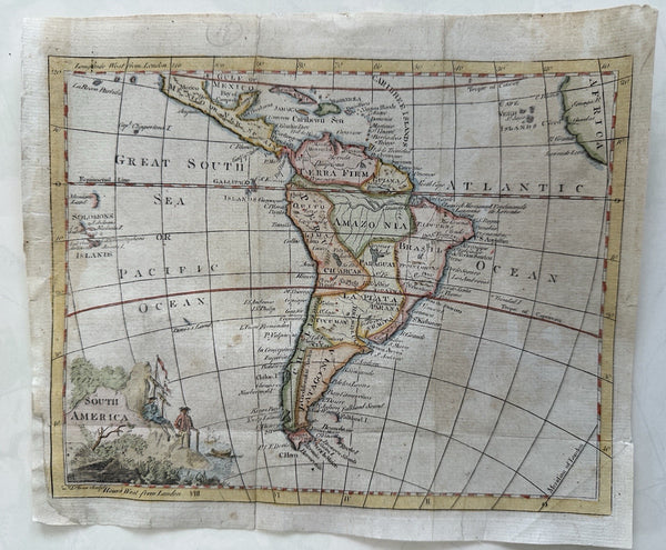 South America 1781 Phinn nice decorative cartouche hand colored miniature map