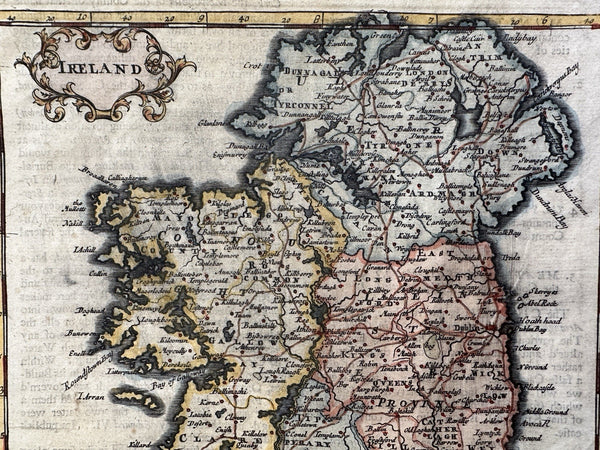 Ireland 1701 Moll charming hand colored engraved map scroll cartouche
