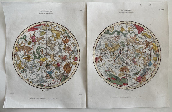 Celestial star constellations 1810 North & South Hemispheres 2 hand color prints