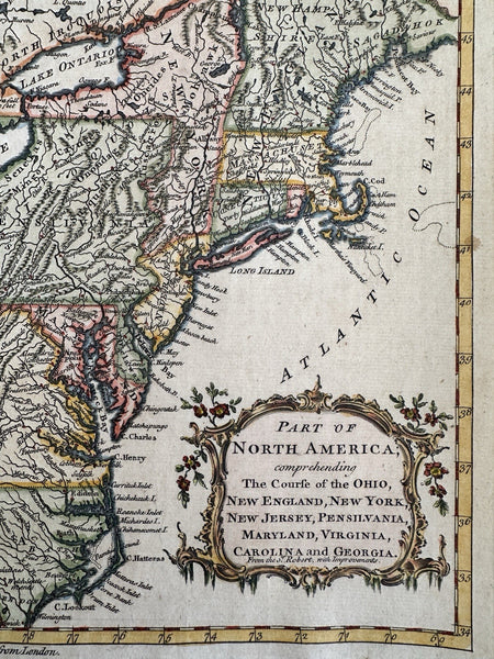 Colonial North America Atlantic seaboard c.1760 Vaugondy decorative engraved map