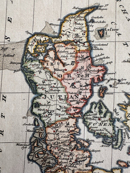 Denmark Jutland Zeeland Funen c.1760s Vaugondy cartouche engraved color map