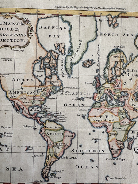 World map w/discoveries incomplete Australia & NZ c.1760s engraved hand colored