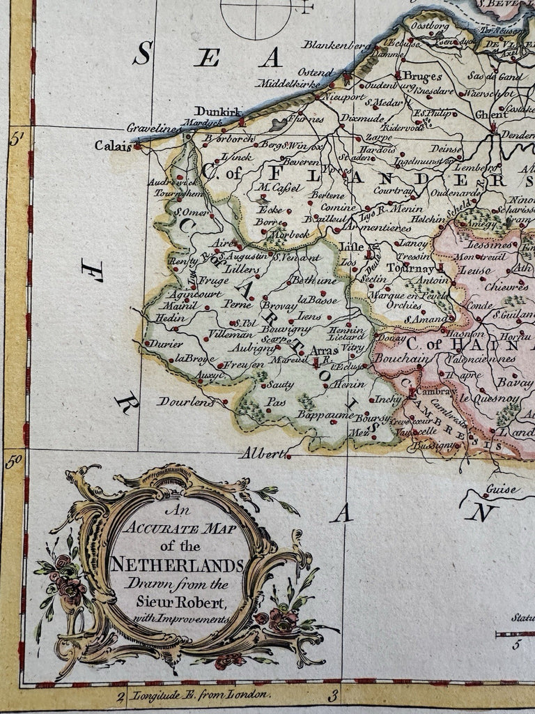 Netherlands Belgium Brabant Flanders 1760 Vaugondy decorative engraved color map