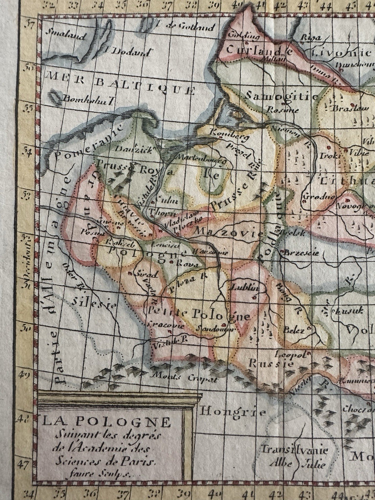 Poland La Pologne 1744 Faure charming engraved hand color miniature map