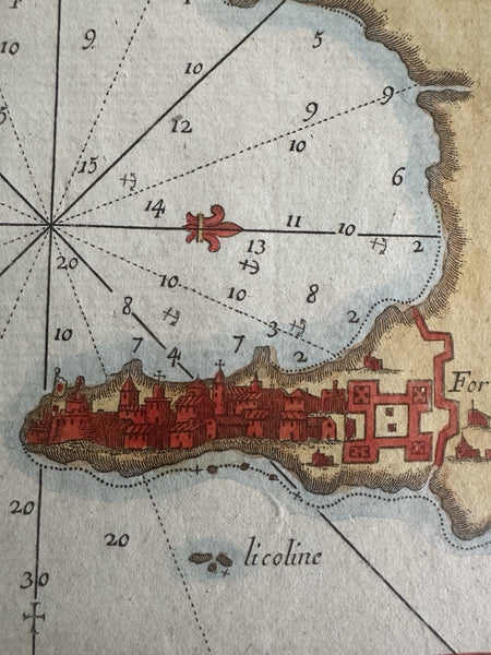 Saragosa Spain harbor fort 1764 Roux engraved had colored coastal map