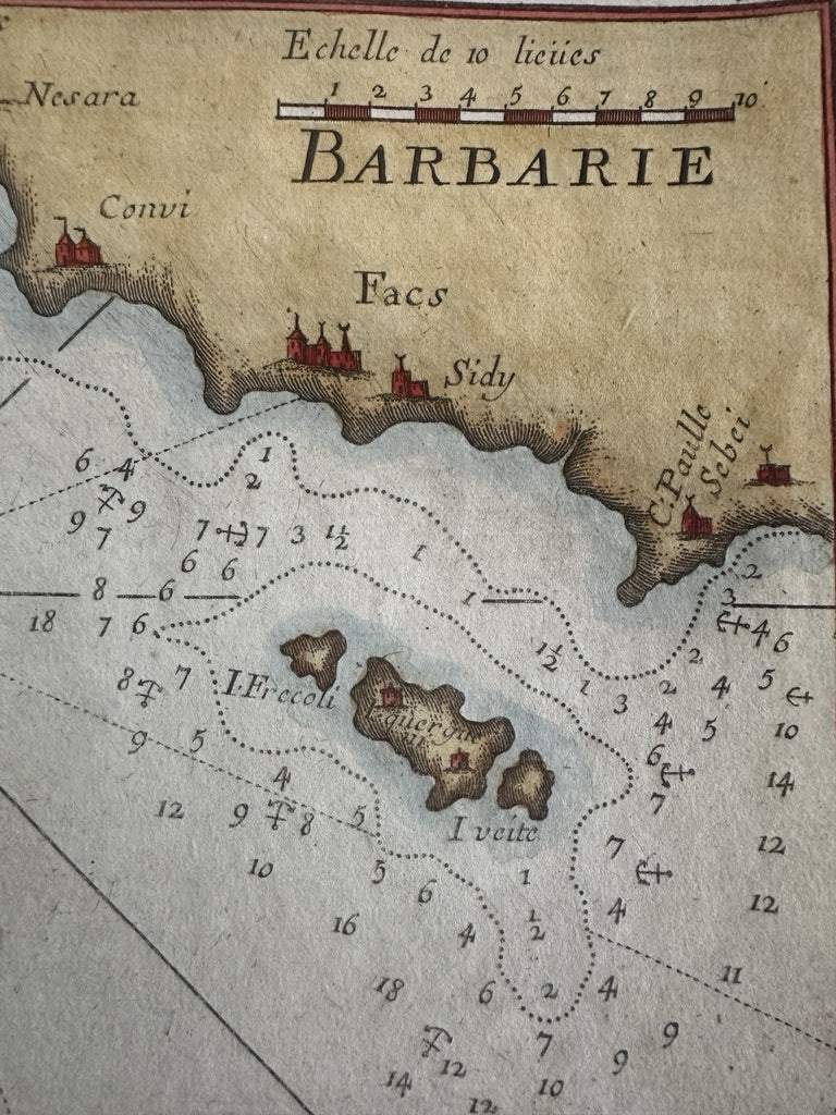 Tunisia Sfax Barbary coast North Africa 1764 Roux engraved colored coastal map